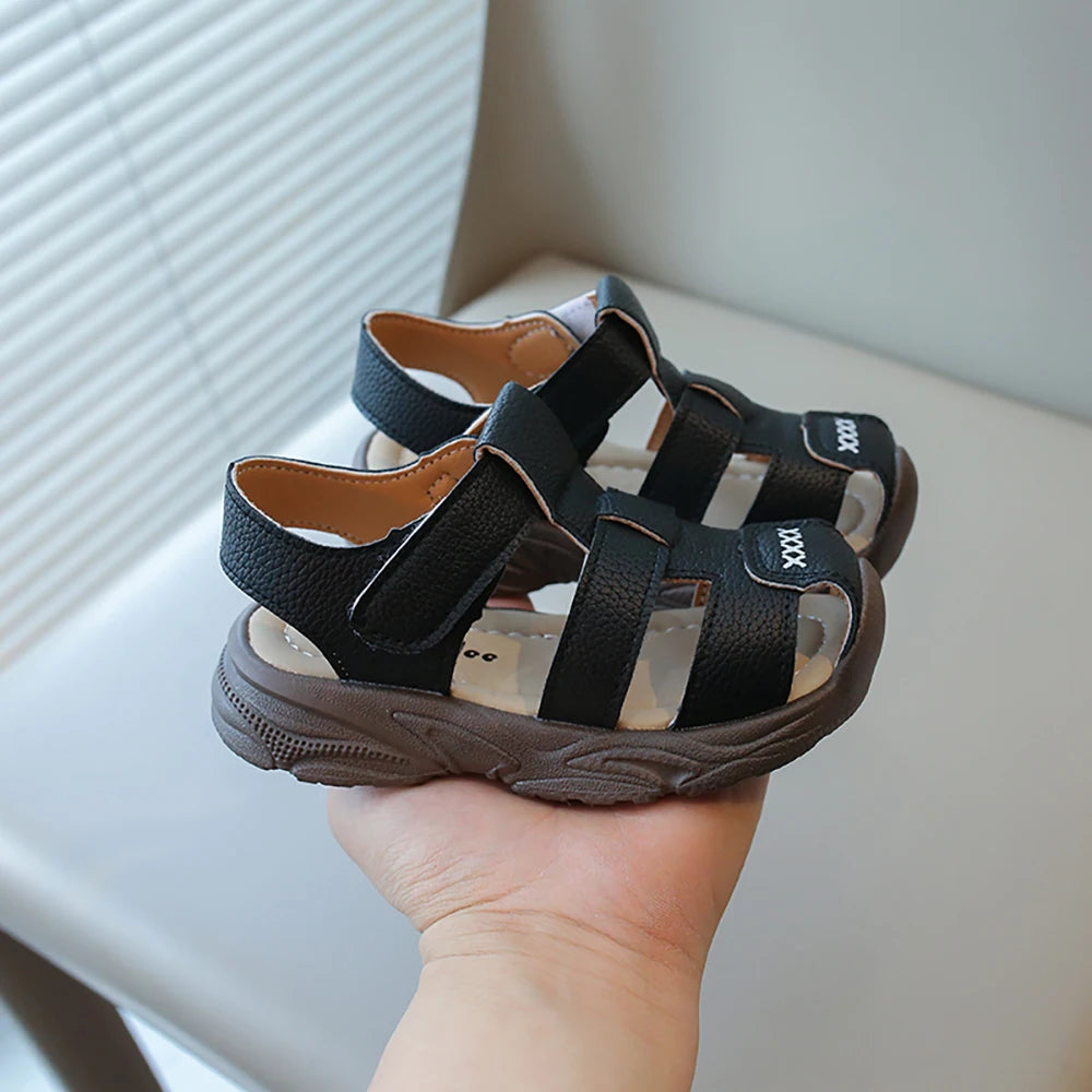 Sandalias deportivas de verano para niños, sandalias Vintage de cuero PU para niño, sandalias antideslizantes de suela blanda para chico, zapatos de verano a la moda
