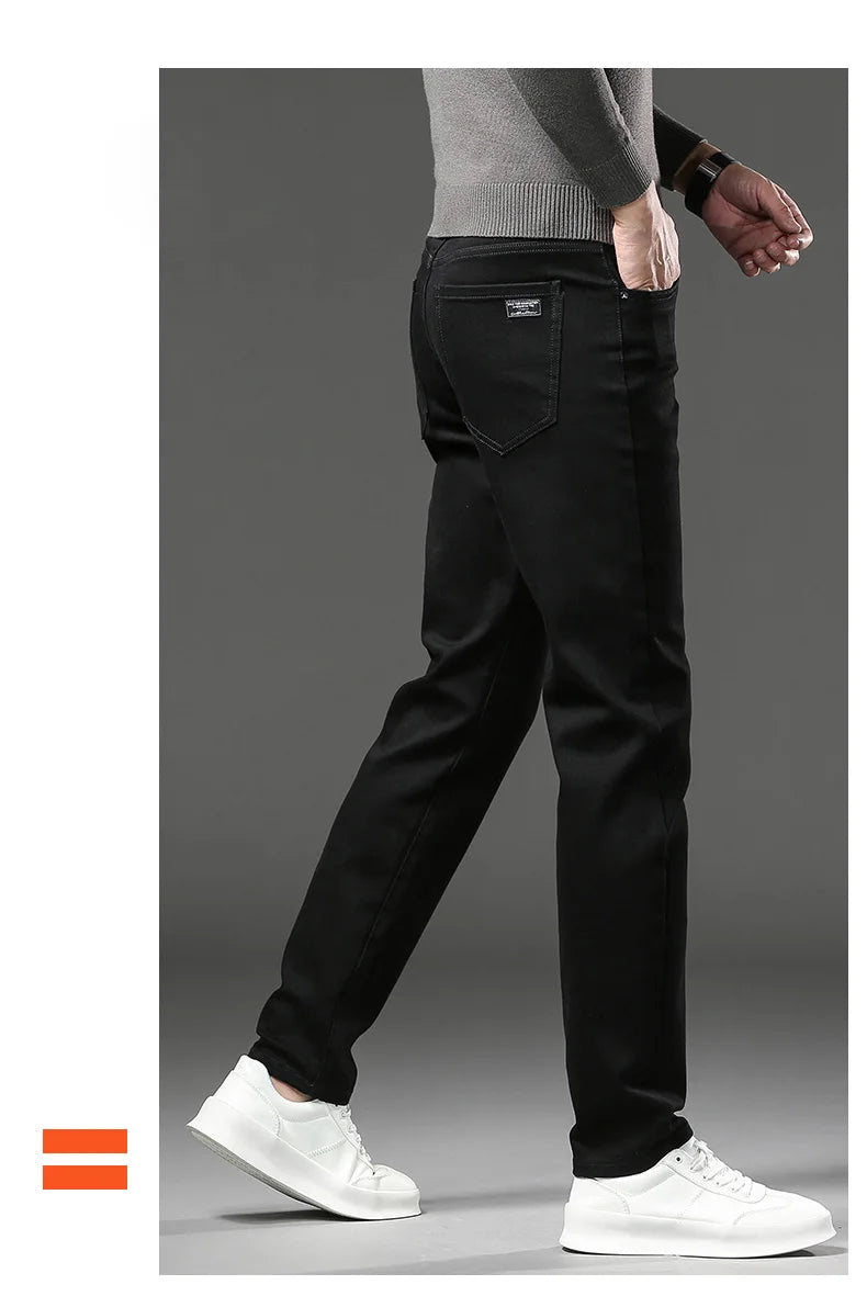 Pantalones vaqueros gruesos y cálidos de lana de invierno para hombre, pantalones vaqueros elásticos rectos ajustados, ropa informal para hombre, pantalones de felpa a la moda