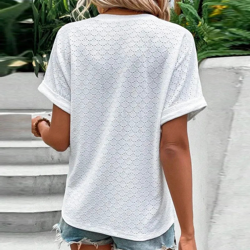 Blusas informales de Jacquard con botones y cuello en V para mujer, camisas holgadas lisas, Tops de manga corta de gran tamaño para mujer 2023