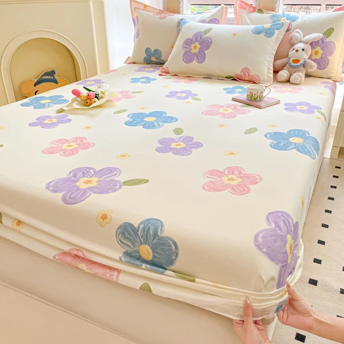Juego de sábanas ajustadas de algodón 100% puro con funda de almohada, funda de cama con estampado de flores, sábanas individuales/Queen/King Size