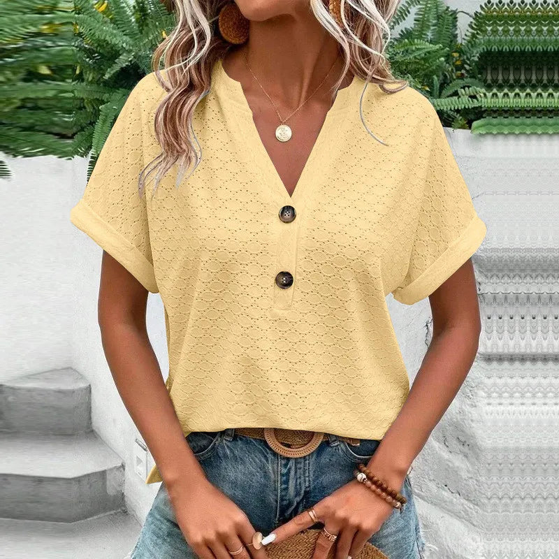 Blusas informales de Jacquard con botones y cuello en V para mujer, camisas holgadas lisas, Tops de manga corta de gran tamaño para mujer 2023