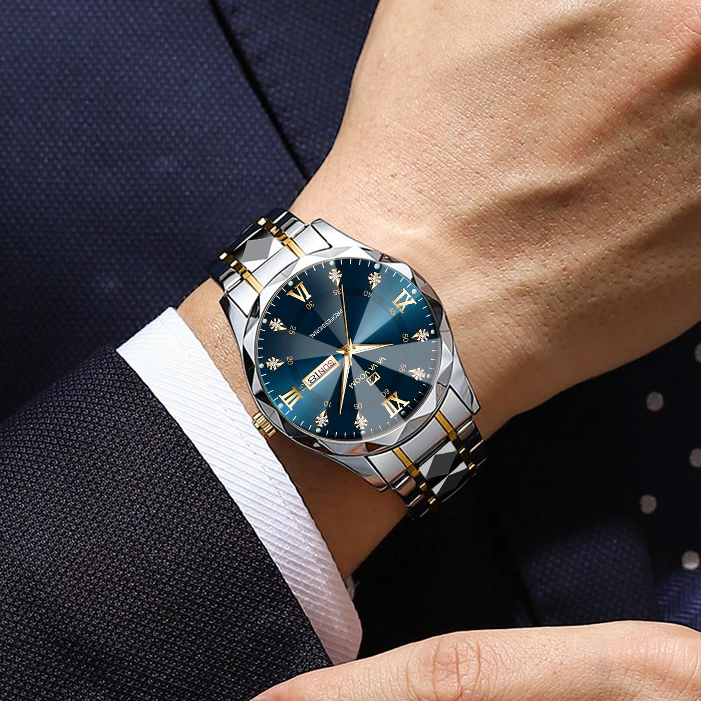 Reloj para hombre con diamantes de agua, lujo, brillo nocturno, doble calendario, movimiento de cuarzo, 41mm, oro azul, acero inoxidable, reloj de negocios de moda