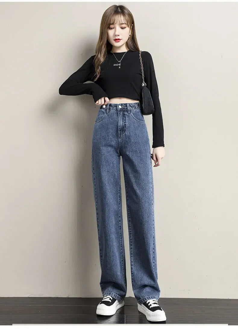 Pantalones vaqueros sueltos para mujer, diseño de cintura alta, entrepierna recta ajustable, pantalones de estilo Retro, tela de algodón, estilo informal cómodo