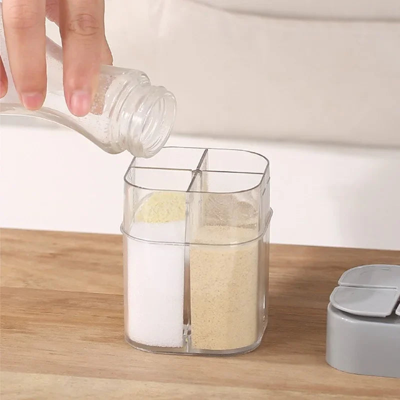 Tarro de condimentos para acampar 4 en 1 con tapa, dispensador de especias transparente, 4 compartimentos para cocinar al aire libre, barbacoa, salero y pimentero