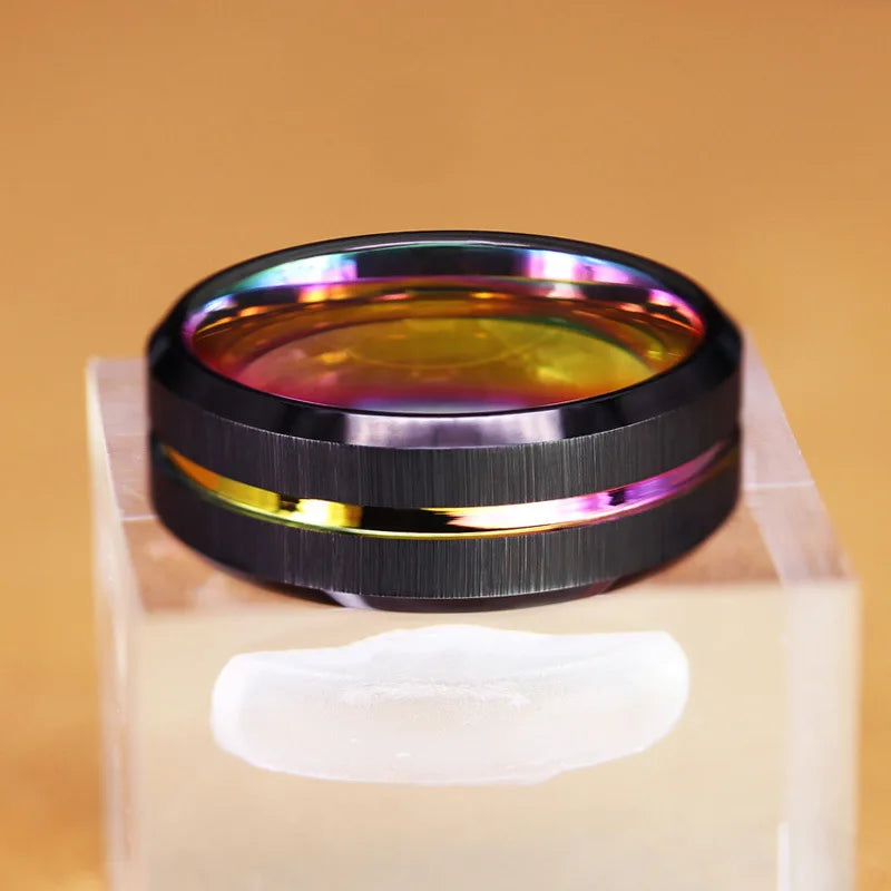 Anillos de boda de tungsteno negro de 8mm a la moda para hombre, anillo de compromiso con borde biselado y ranura negra para regalos de San ValentÃÂn, joyerÃÂa