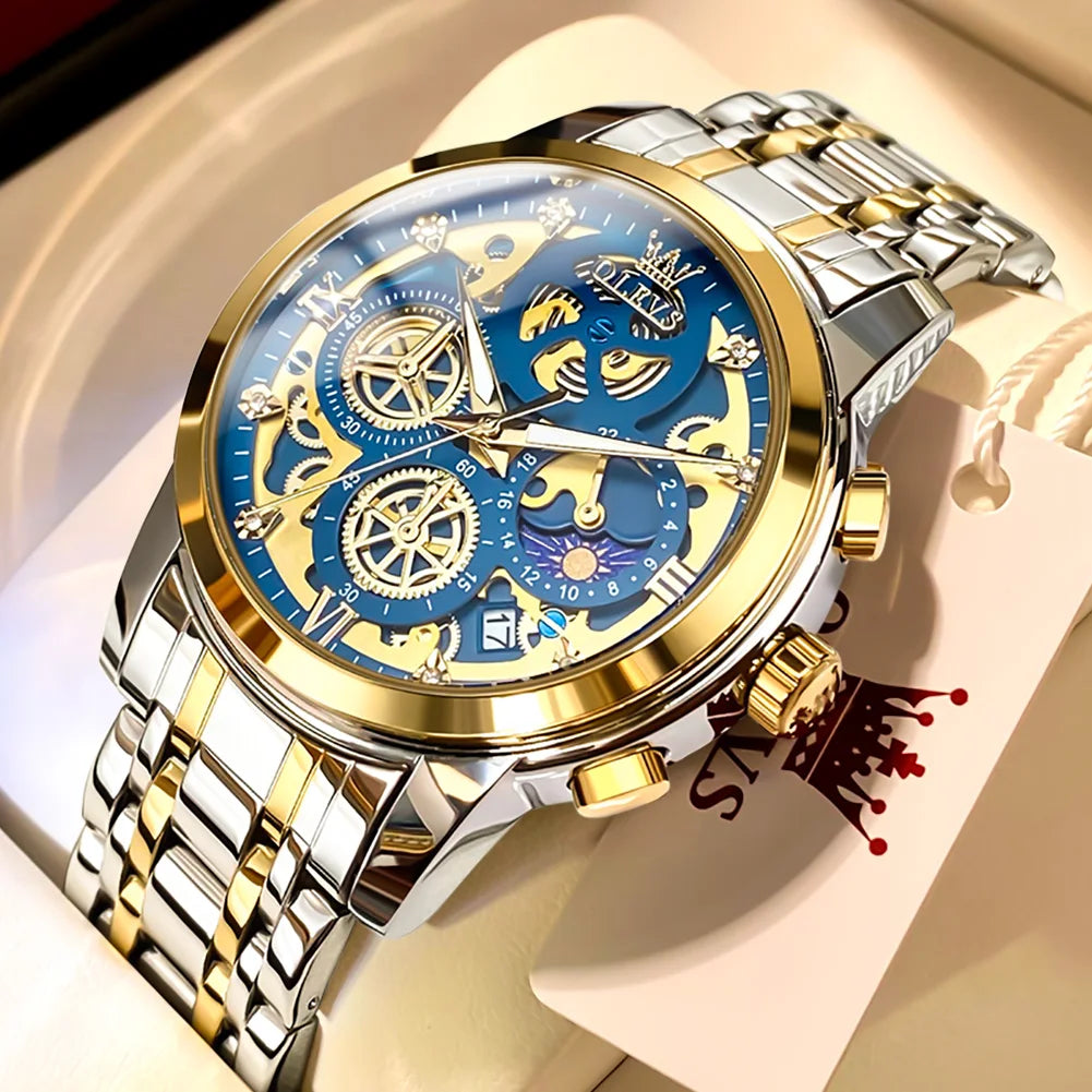 OLEVS-reloj de cuarzo para hombre, cronógrafo de marca superior de lujo, Original, resistente al agua, estilo esqueleto dorado, 24 horas, dÃÂa y noche, nuevo
