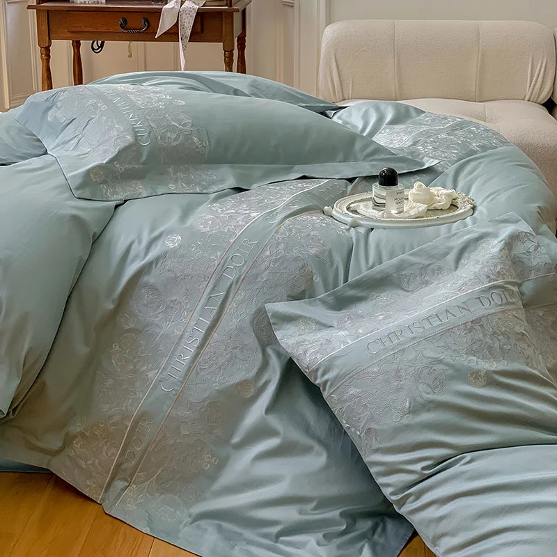 Juego de cama de algodón de grapa larga de 100 unidades, funda nórdica bordada con patrones de flores y plantas, Sábana bajera tamaño Queen TwinFull