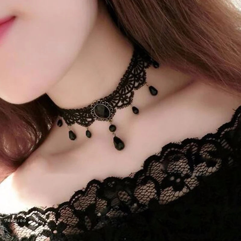 Nuevas gargantillas góticas sexis, gargantilla de cuello de encaje negro de cristal, collar Vintage victoriano para mujer, joyerÃa Steampunk