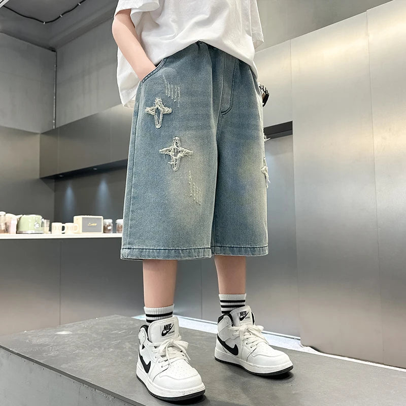 Boy Star Jeans 2025 Verano Nuevo Producto Moda Niños Denim Pantalones medios Pantalones cortos casuales para niños 5-15 años