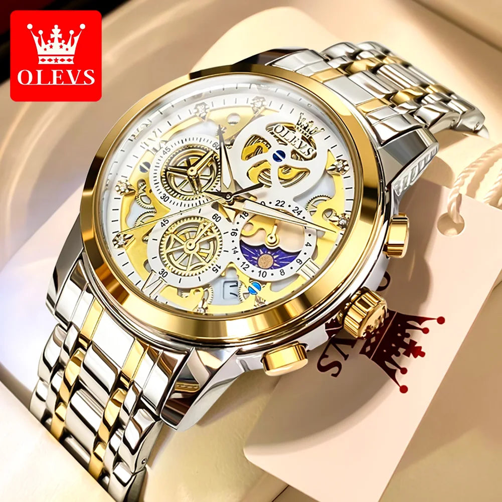 OLEVS-reloj de cuarzo para hombre, cronógrafo de marca superior de lujo, Original, resistente al agua, estilo esqueleto dorado, 24 horas, dÃÂa y noche, nuevo