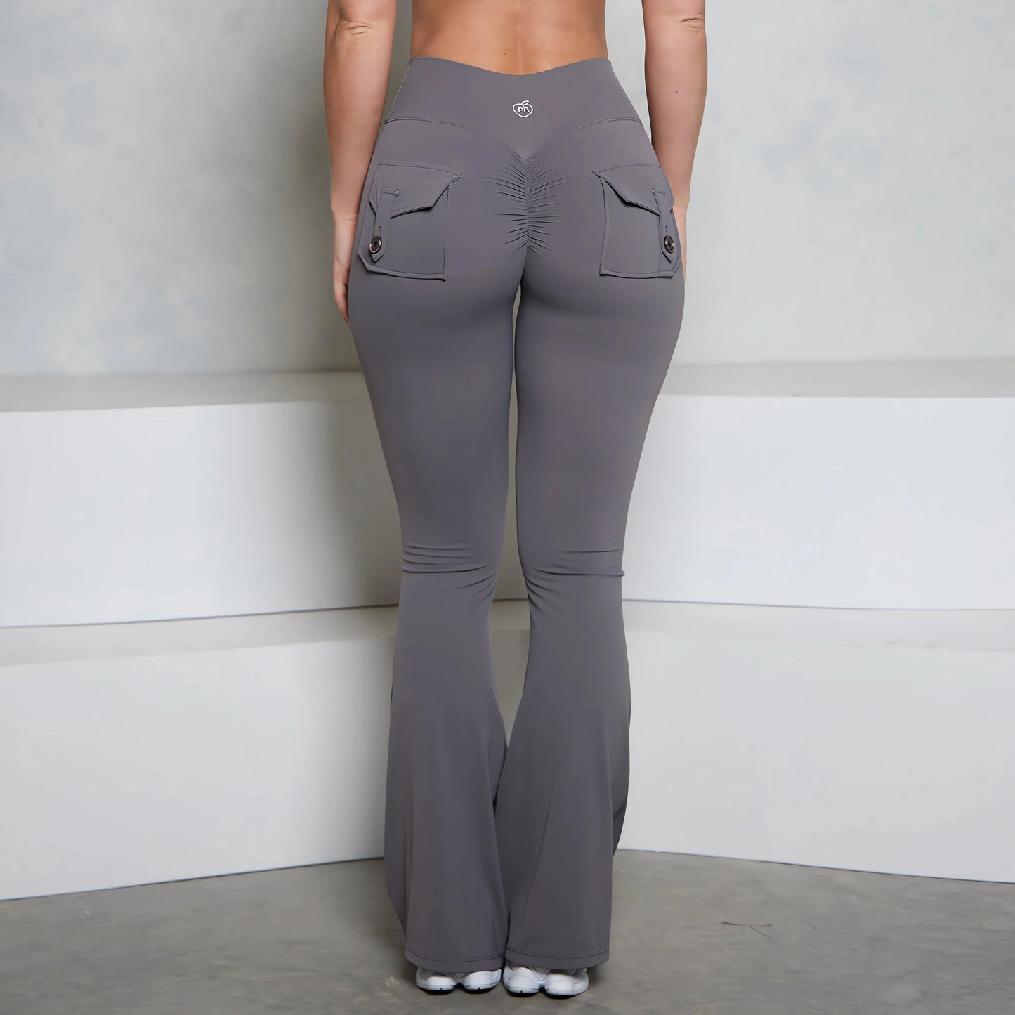 BUM gris bolsillo acampanado Scrunch Butt pantalones PB mujeres ajustado Sexy pantalones de cintura alta Push Up deporte Fitness Flare Leggings