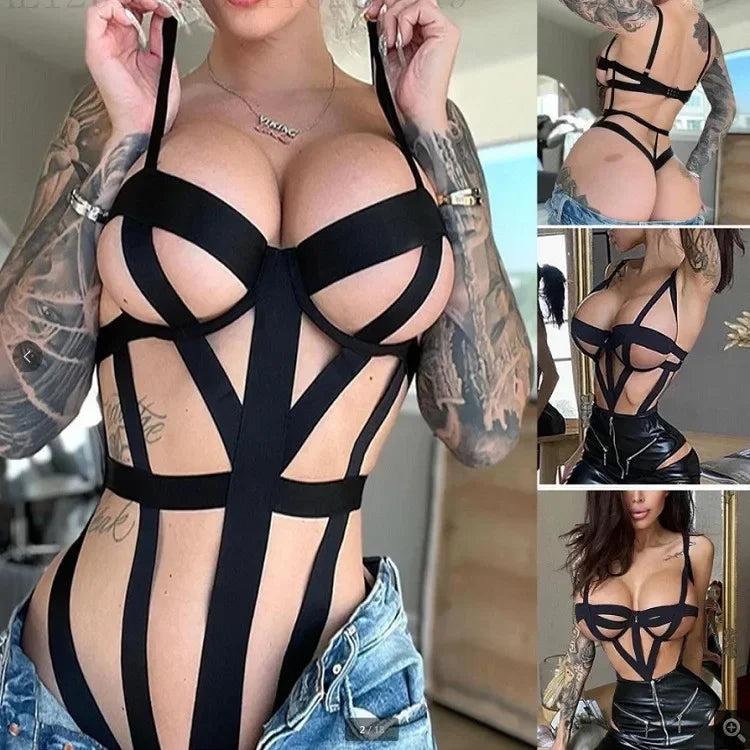 Body negro ahuecado, lencerÃa transparente, vendaje cruzado gótico, conjunto de lencerÃa Sexy, club nocturno, atractivo, seducción, mono erótico