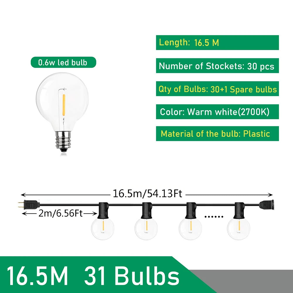 Guirnalda de luces LED para exteriores de 110V/220V, guirnalda de hadas para Patio, lámpara para boda, calle, Camping, jardÃÂn, decoración de fiesta