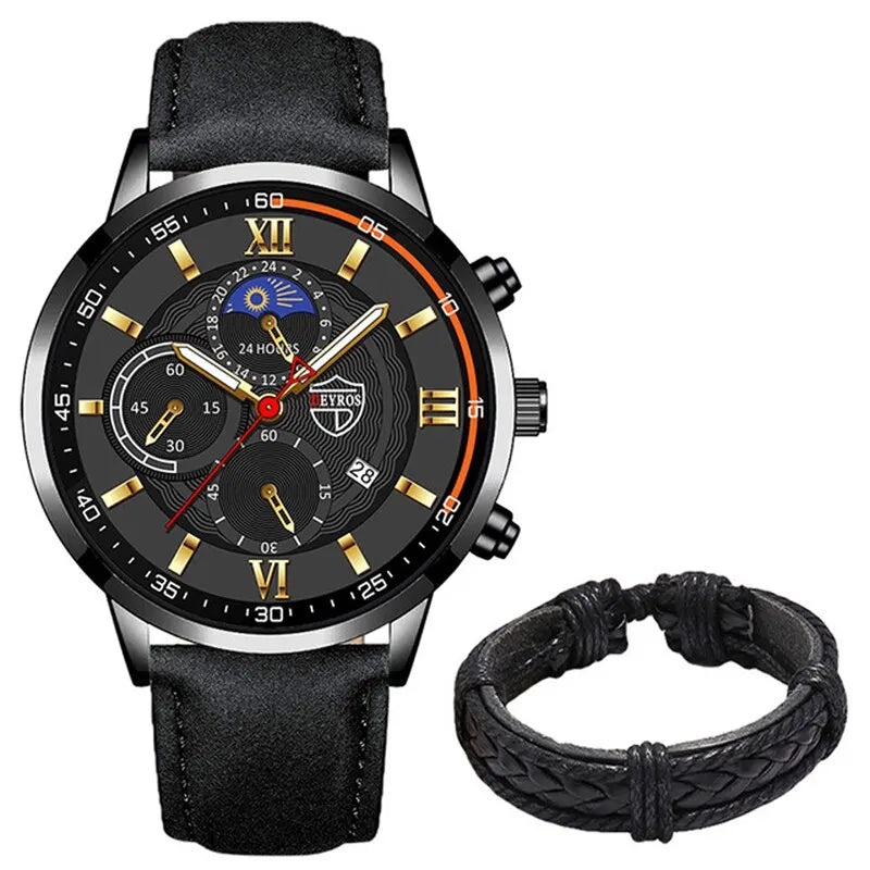 Conjunto de 2 piezas de relojes deportivos de moda para hombre, pulsera de cuero de negocios, reloj de cuarzo informal para hombre, reloj luminoso de lujo para hombre