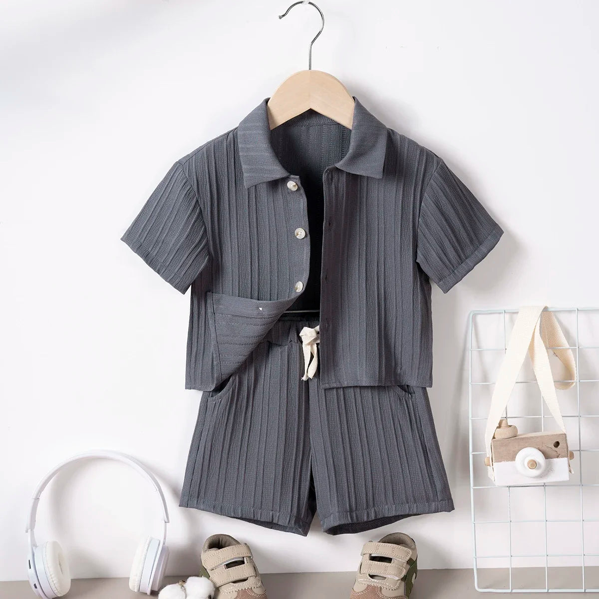 Conjunto de ropa informal para niños, camisa de manga corta con solapa y pantalones cortos de cintura elástica, traje de moda de 2 piezas, Verano