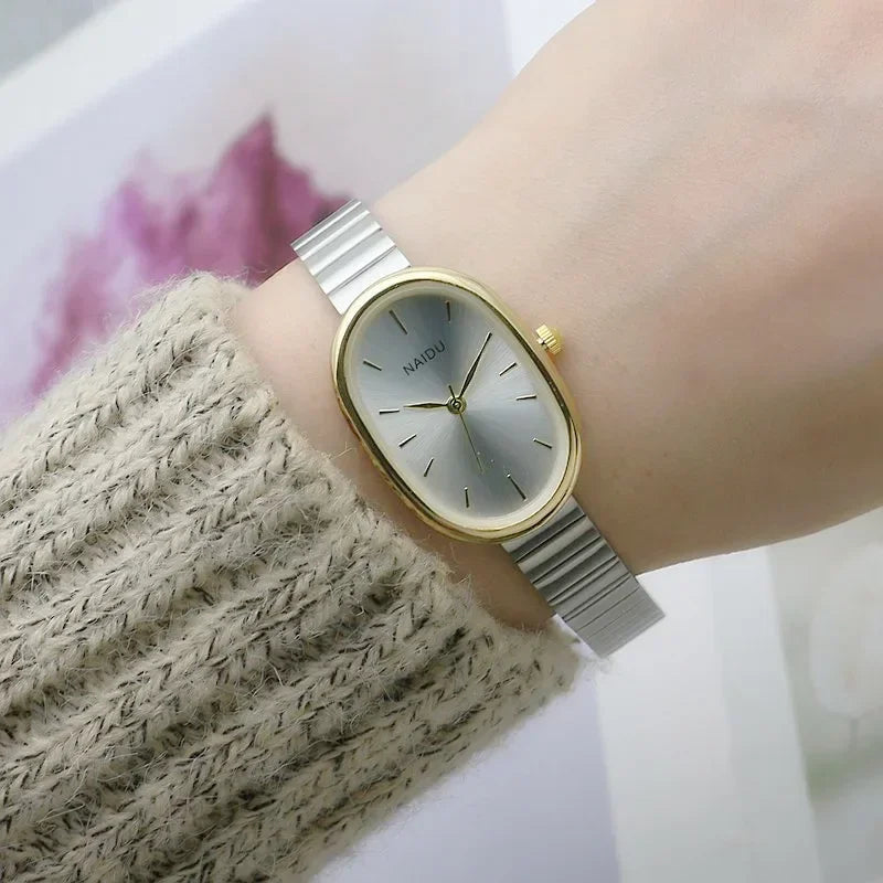 Reloj de cuarzo ovalado con esfera pequeña para mujer, correa de bambú de acero inoxidable, reloj de pulsera de regalo de lujo a la moda para estudiantes y niñas, envío directo