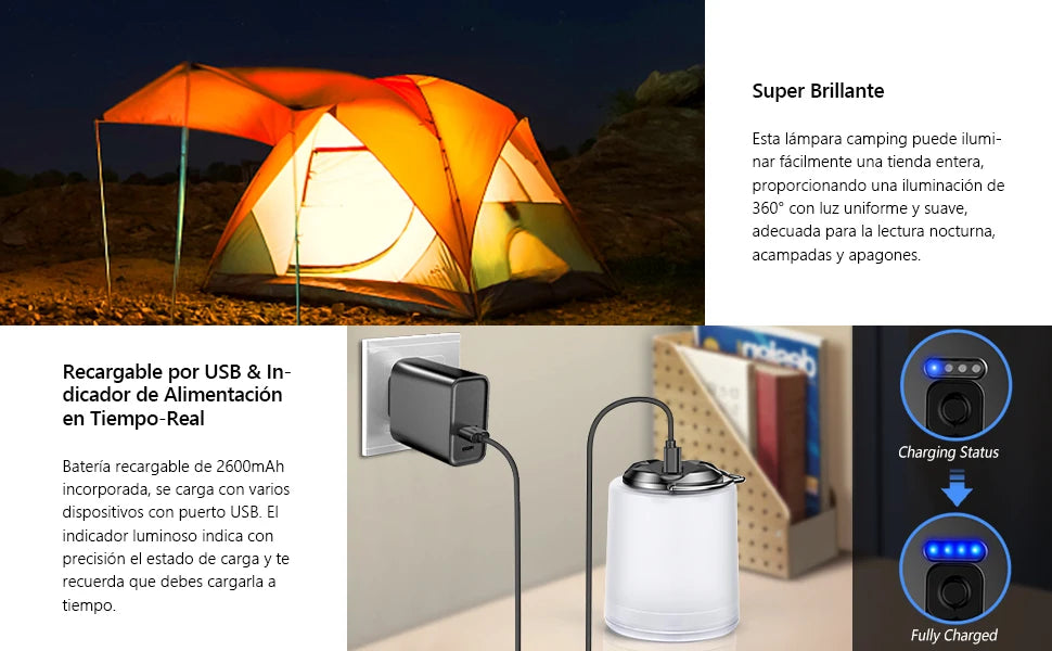 Linterna de luz de camping recargable, linterna de camping, luz blanca cálida de 3000K, linterna Led impermeable, suministros para acampar/senderismo