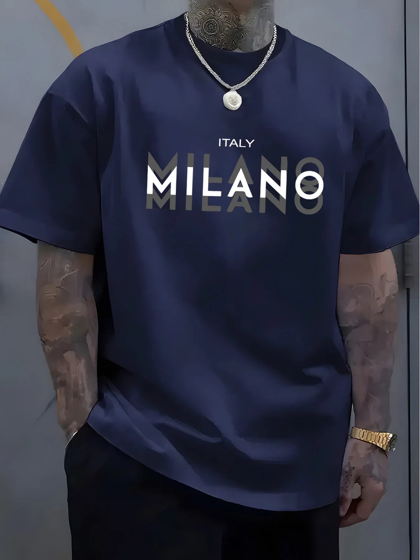 Camiseta holgada informal de algodón puro 100% de verano para hombre de talla grande con estampado de MILANO italiano, cómoda camiseta de manga corta con cuello redondo