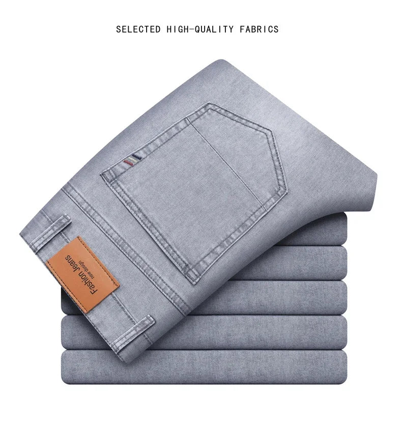 Pantalones vaqueros finos de algodón elástico para hombre, pantalón informal, recto, cómodo, color gris, a la moda, para verano