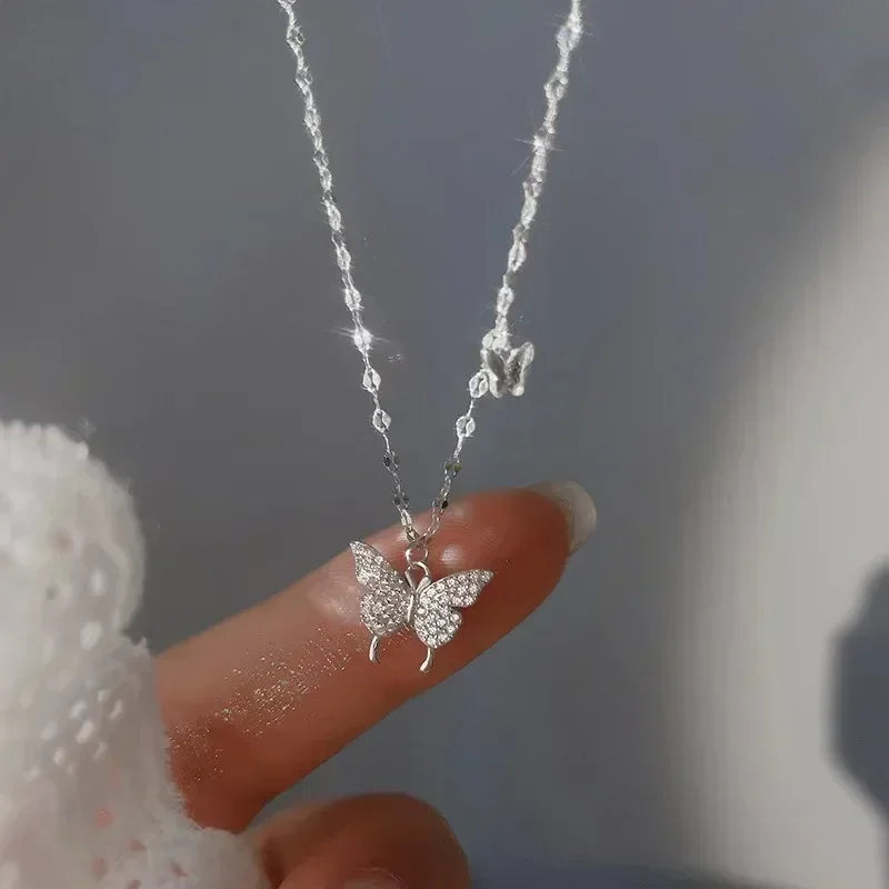 Collar de mariposa de plata para mujer, collar con colgante de circón de cristal para mujer y niña, collar de cadena de cristal, joyerÃa de fiesta