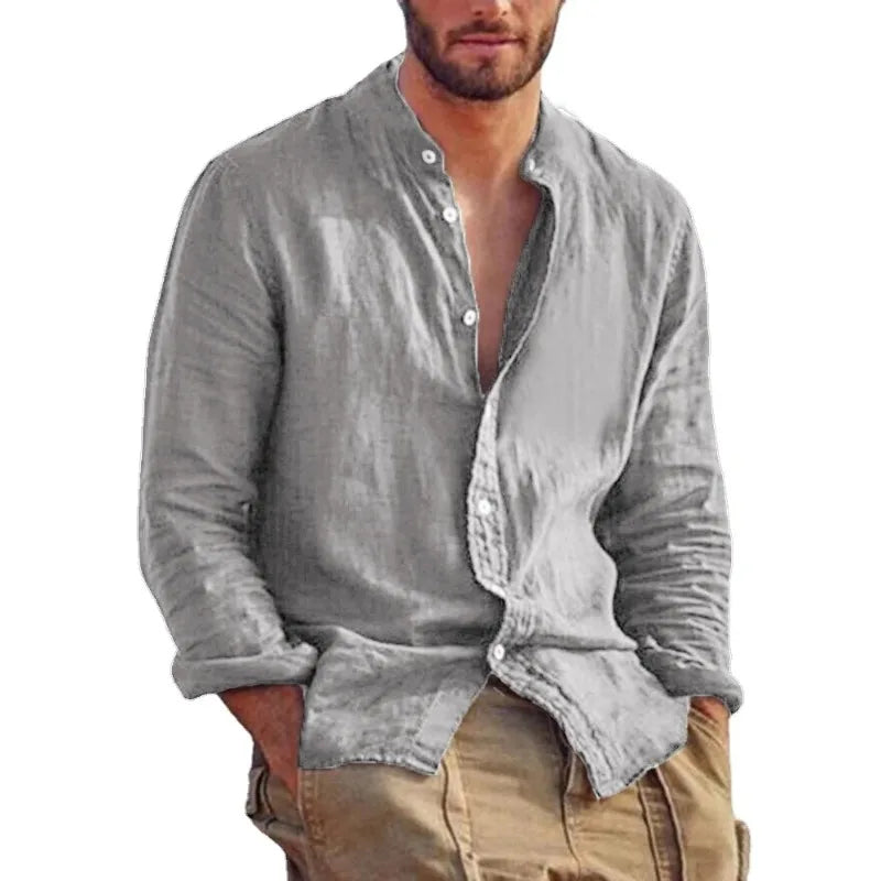 Ropa de chándal para hombre, camisa de manga larga, camisas de lino de Color sólido, Tops informales ligeros y transpirables con cuello levantado, camisa hawaiana