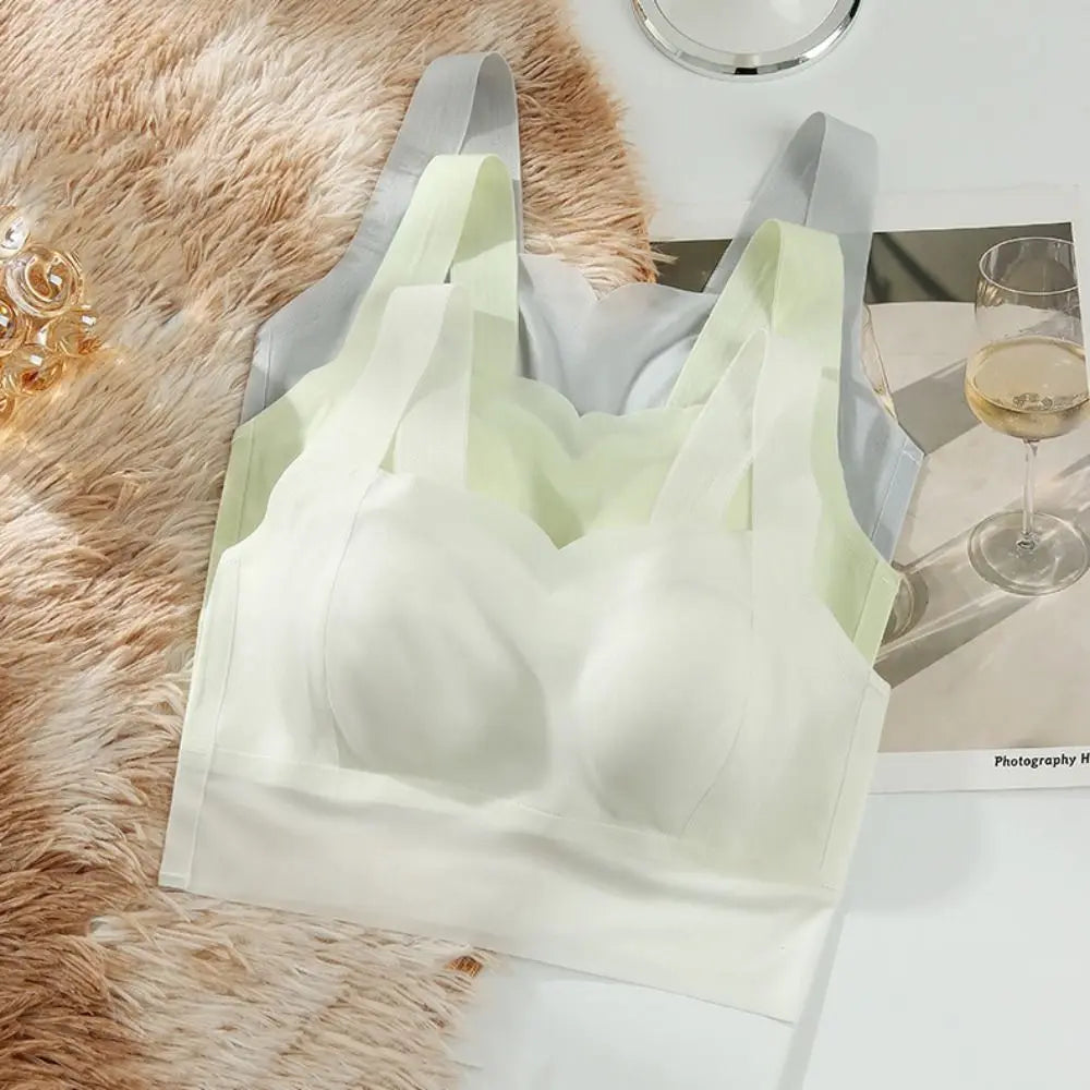 Sujetador ultrafino inalámbrico con escote en V profundo para mujer, sujetador sin costuras con pechos recogidos de seda helada, lencería de Copa grande, sujetadores push-up, regalos