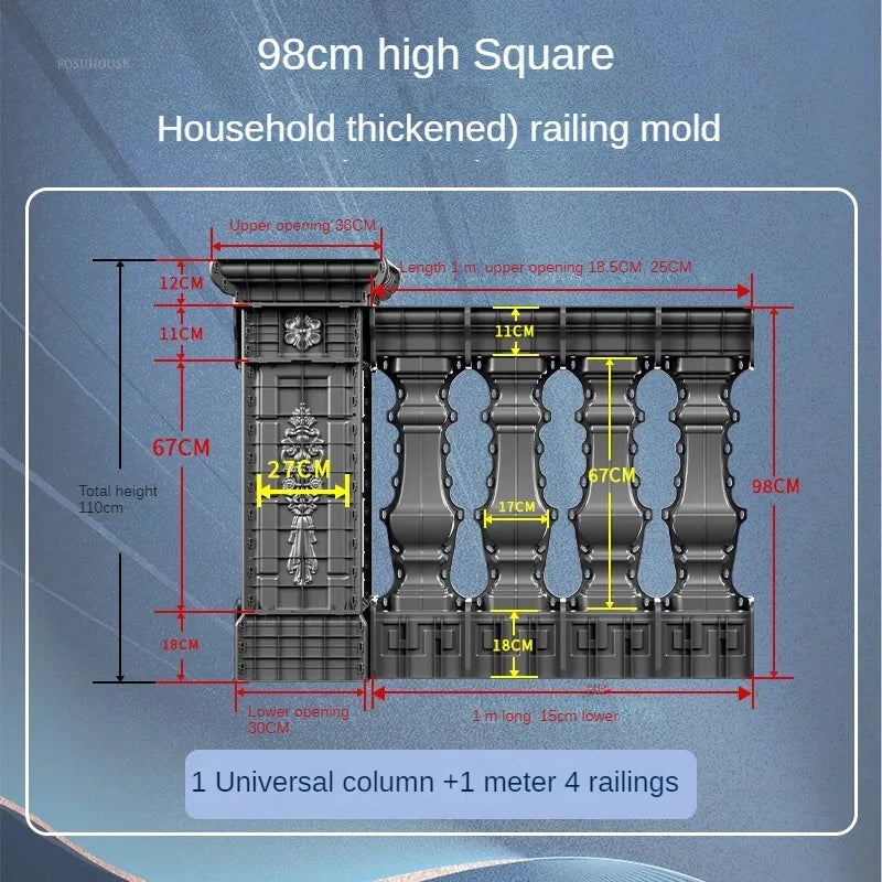 Nuevo molde de barandilla de columna romana gruesa, edificios de jardín, barandilla fundida en el lugar, columna de cemento, molde de barandilla reutilizable para balcón
