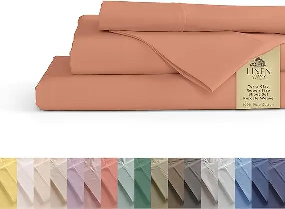 Sábanas de percal 100% algodón tamaño Queen, crema, bolsillo profundo, juego de 4 piezas: 1 sábana bajera plana, 1 bolsillo profundo y 2 fundas de almohada,