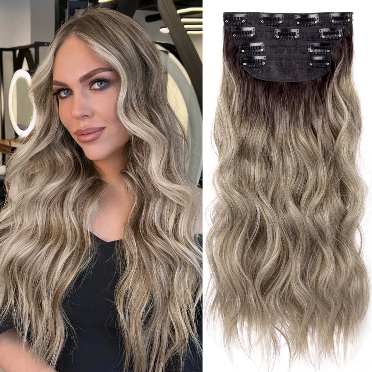 4 unids/set 20 pulgadas Clip de pelo sintético en postizos gruesos y largos ondulados para mujeres extensiones de cabello sintético de cabeza completa postizos ombré