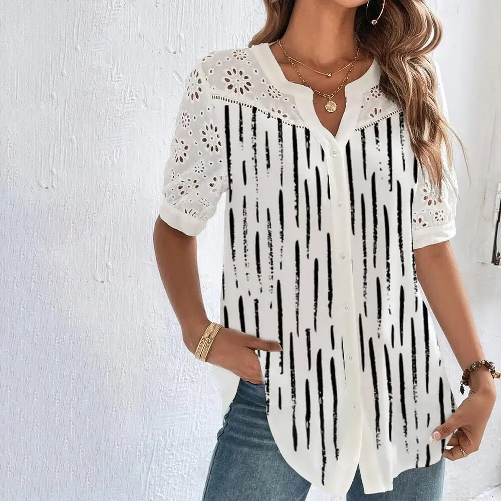 Camisa de encaje informal para mujer, camisa holgada de manga corta, elegante, para vacaciones y fin de semana