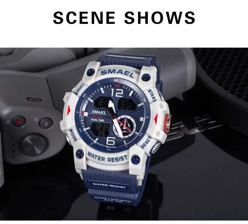 SMAEL-reloj deportivo militar para hombre, cronómetro con alarma, luz trasera Digital LED, pantalla de hora Dual, resistente al agua, 8007