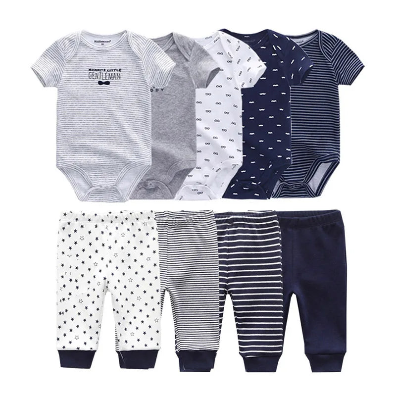 9 unids/lote monos Unisex para recién nacidos + pantalones conjuntos de ropa de algodón de dibujos animados ropa para bebé (niño o niña)