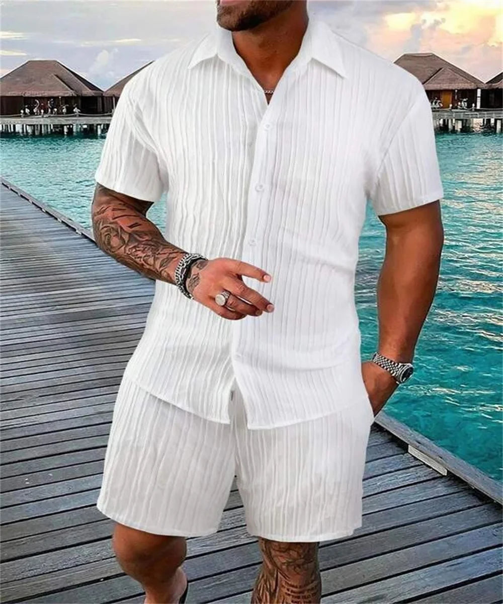 Pantalones cortos sueltos de manga corta para hombre, traje deportivo a rayas, Top informal de Fitness, pantalones cortos de playa, tendencia de moda de verano