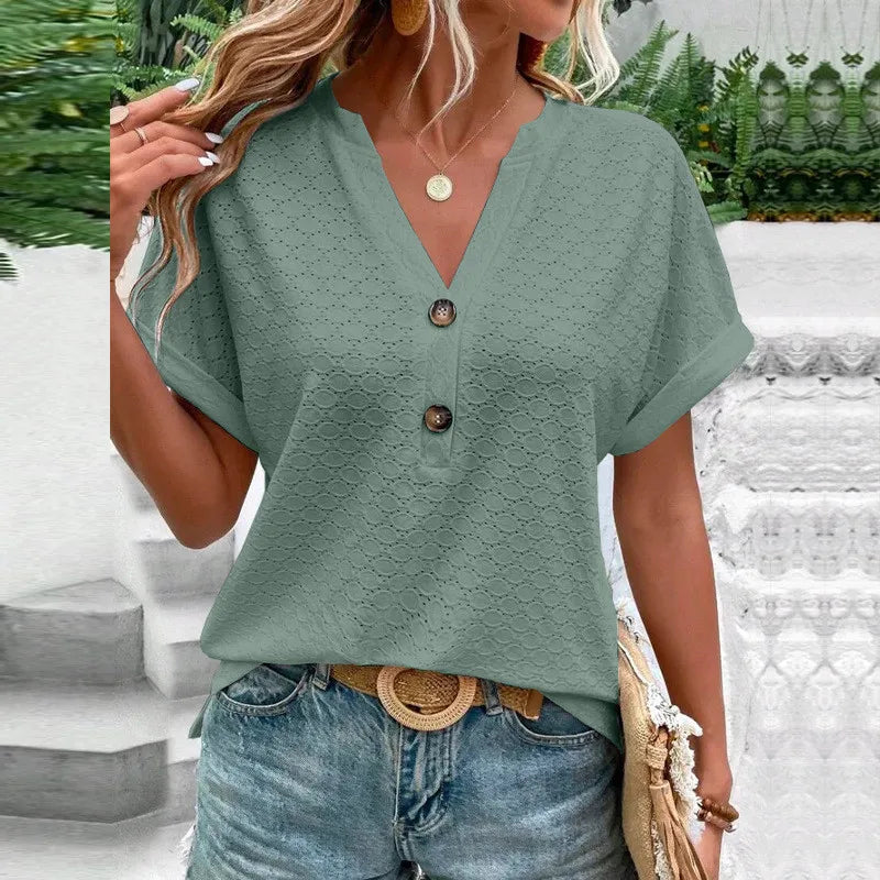 Blusas informales de Jacquard con botones y cuello en V para mujer, camisas holgadas lisas, Tops de manga corta de gran tamaño para mujer 2023