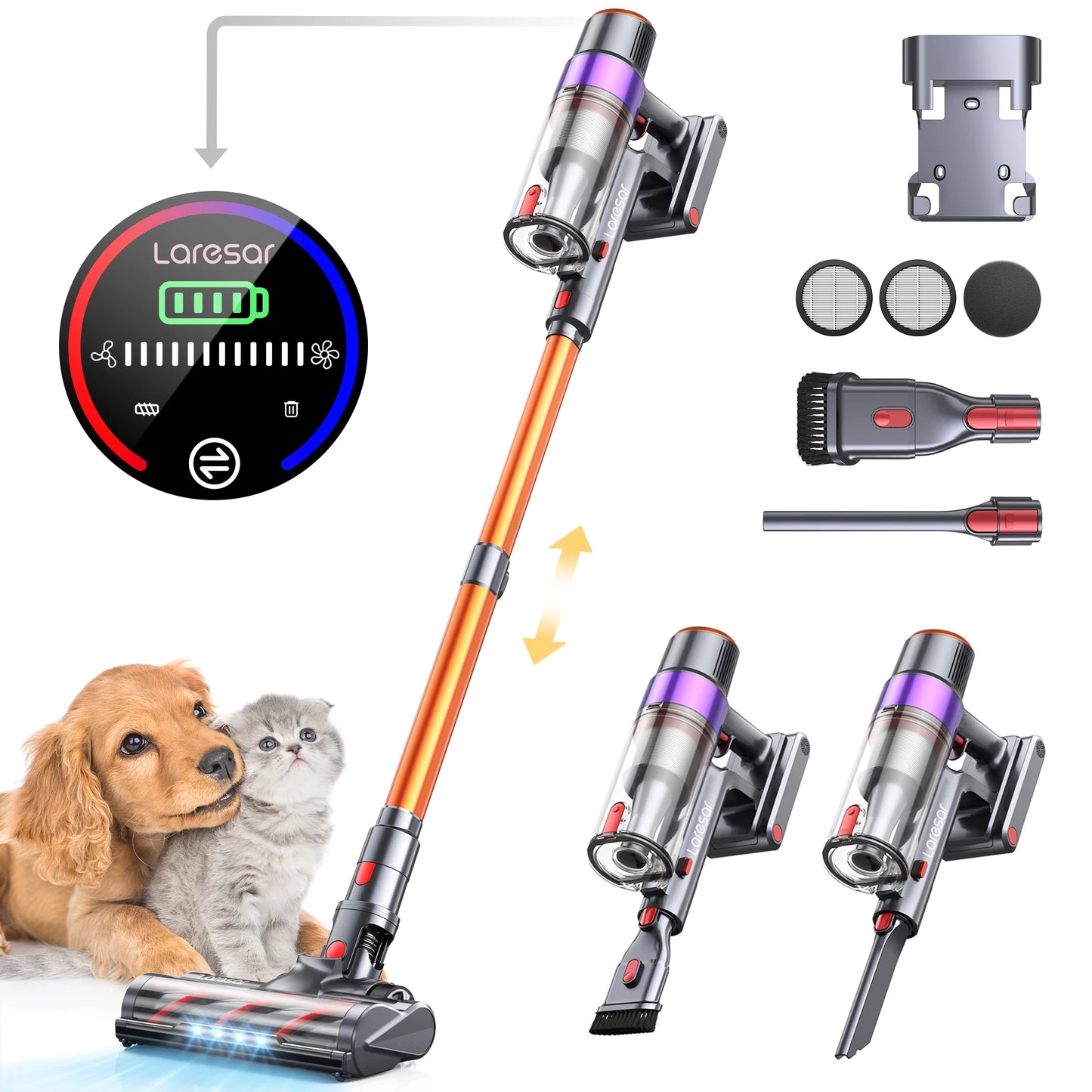 Aspiradora inalámbrica Laresar Elite 8, electrodoméstico de mano, 450W, potente pantalla táctil inteligente para el hogar, batería desmontable de 55 minutos