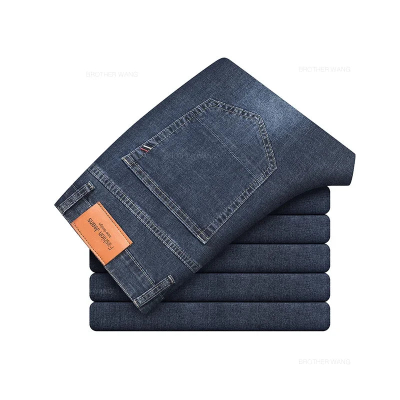 Pantalones vaqueros finos de algodón elástico para hombre, pantalón informal, recto, cómodo, color gris, a la moda, para verano