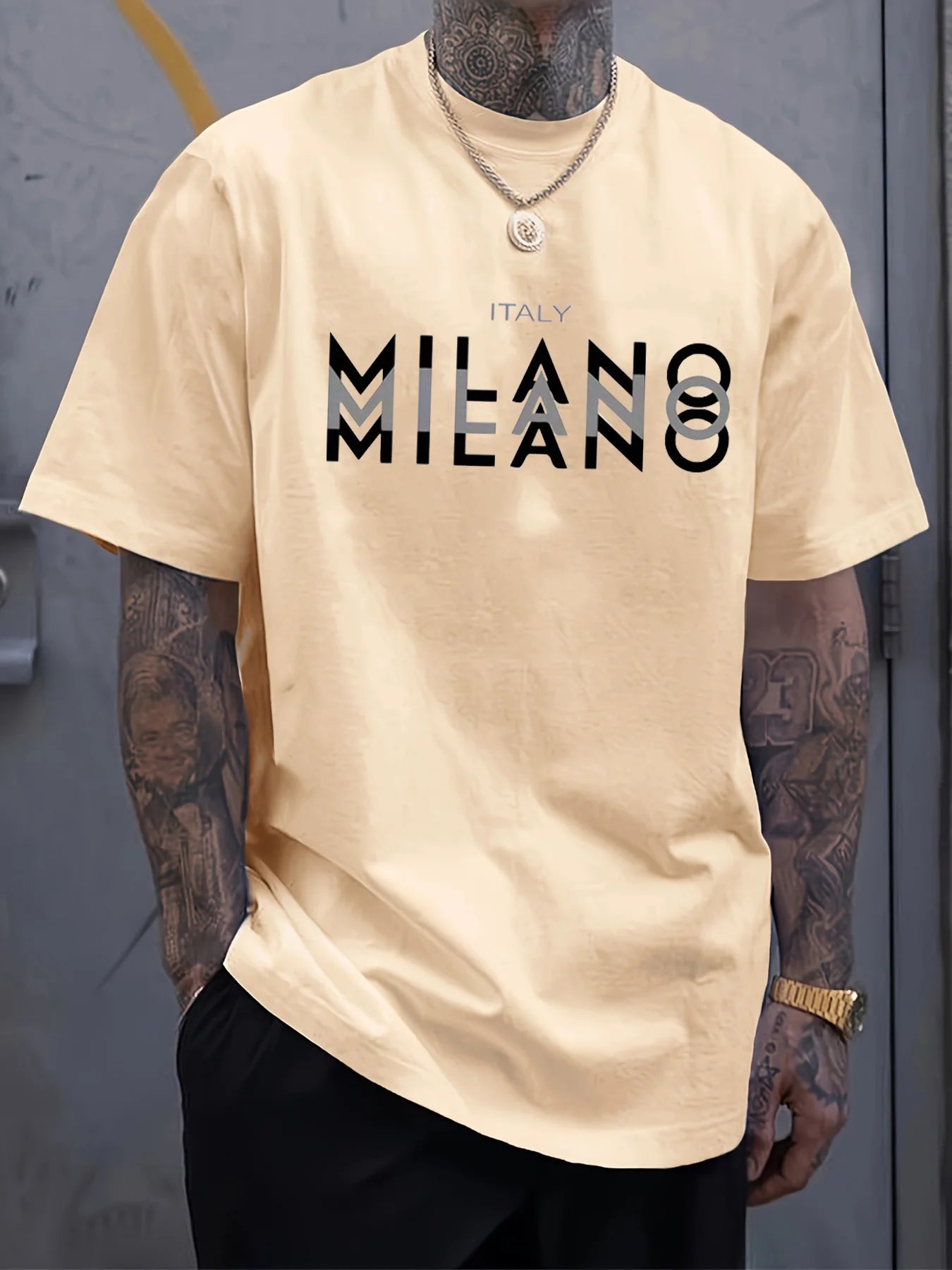 Camiseta holgada informal de algodón puro 100% de verano para hombre de talla grande con estampado de MILANO italiano, cómoda camiseta de manga corta con cuello redondo