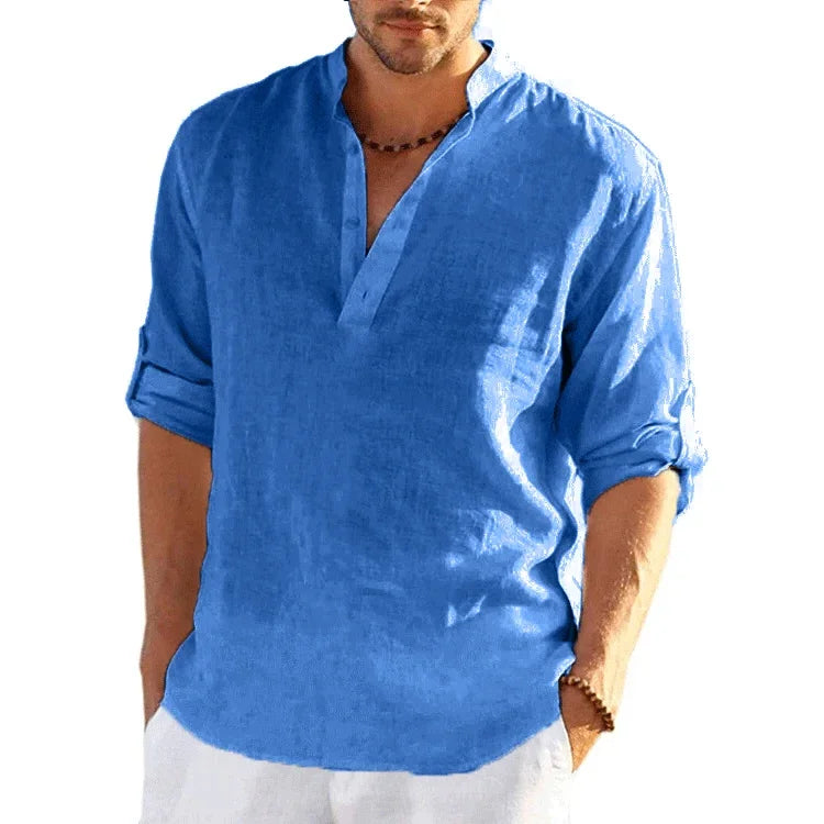 Nueva camiseta de manga larga de lino para hombre, camisa holgada informal transpirable de Color sólido, camisas de algodón para hombre, ropa de calle ligera de diseñador