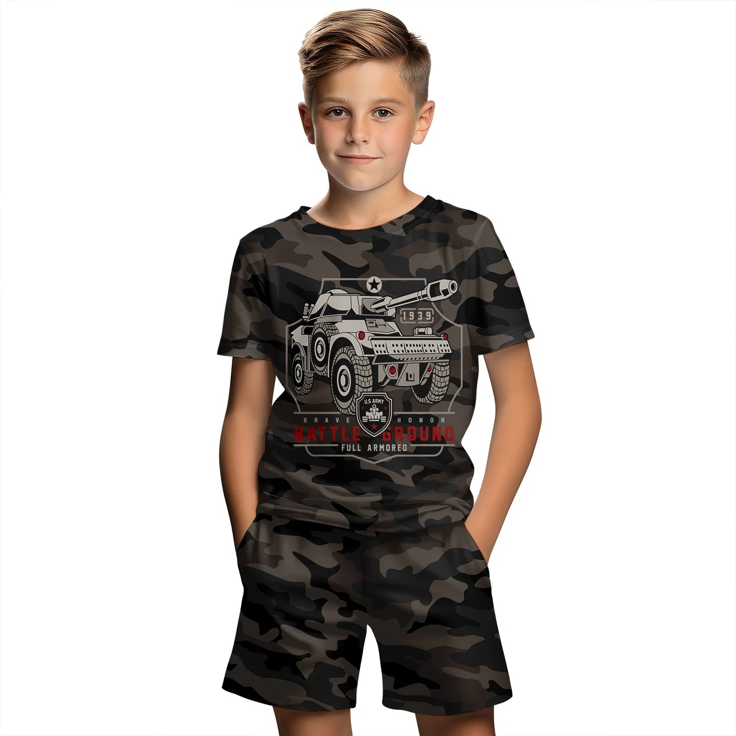Traje de ropa para niños con estampado de camuflaje 3D, conjunto de camiseta de manga corta de verano, pantalones cortos, ropa para niño y niña, conjuntos para niños