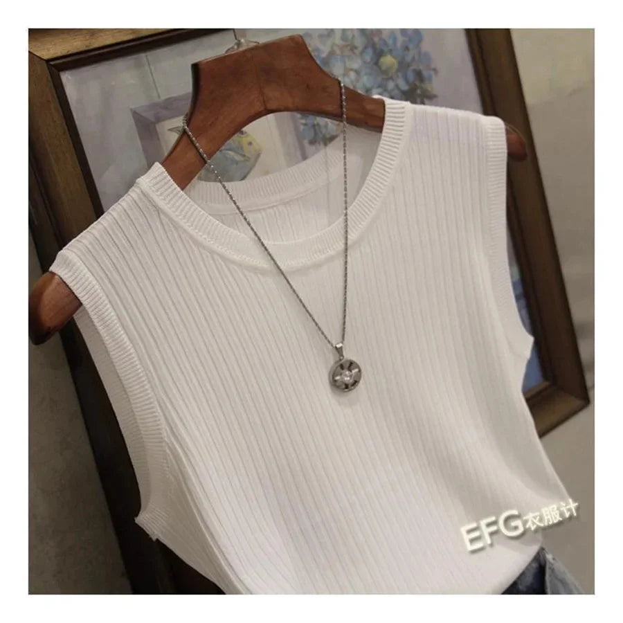 Blusa sin mangas de verano para mujer, blusa tejida con cuello redondo, camisa, ropa para mujer, Tops para mujer