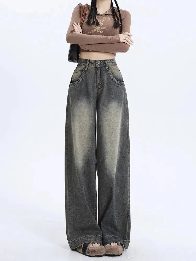 Nueva llegada otoño 2023 pantalones vaqueros de pierna ancha Vintage de cintura alta estilo americano para mujer pantalones vaqueros holgados informales de pierna recta