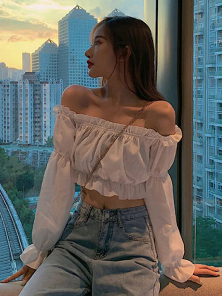Top Sexy para mujer, blusa con hombros descubiertos, Top de manga larga de Color sólido, camisa blanca, manga abombada, Túnica con volantes, Top corto de tubo de verano