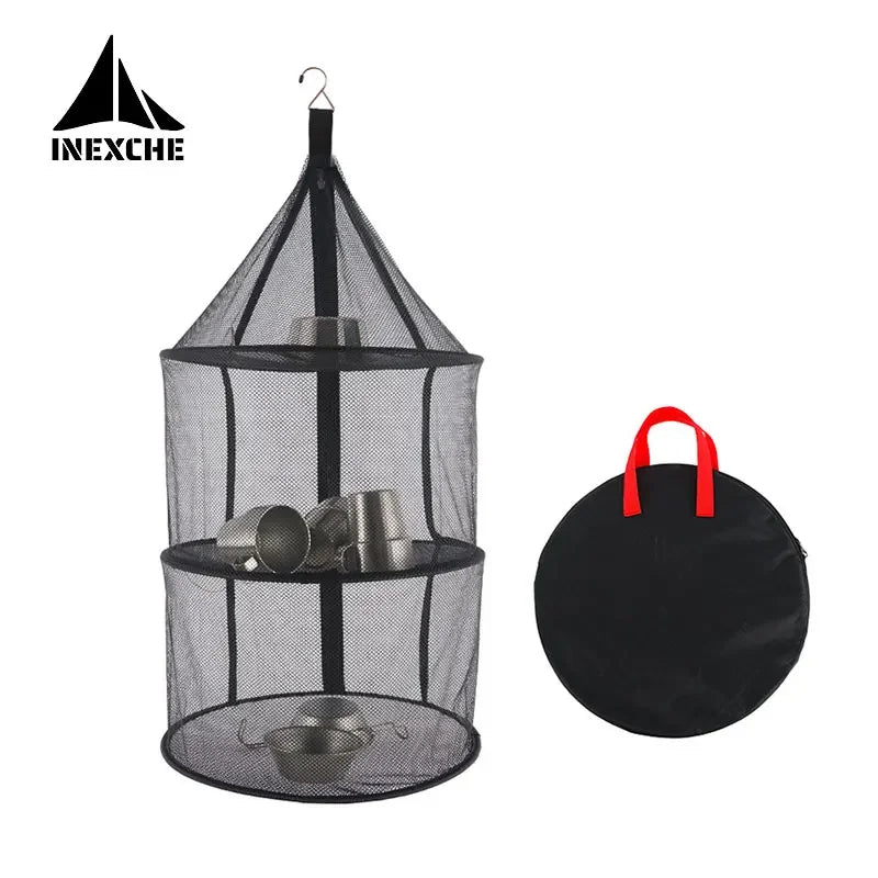 Secador de malla Circular plegable para acampar al aire libre, red portátil de 3 capas de almacenamiento, bolsa de malla colgante, olla antiinsectos, estante de secado para platos y tazas
