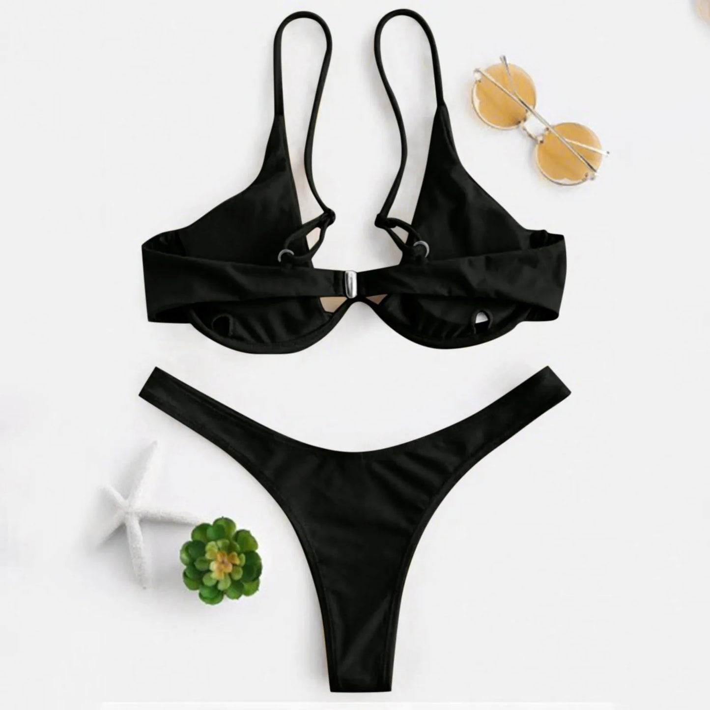 Bikini Sexy con aros para Mujer, traje de baño rojo liso con sujetador de realce, Tanga, traje de baño con cuello Halter y cuello de pico, Mini microtanga 2024