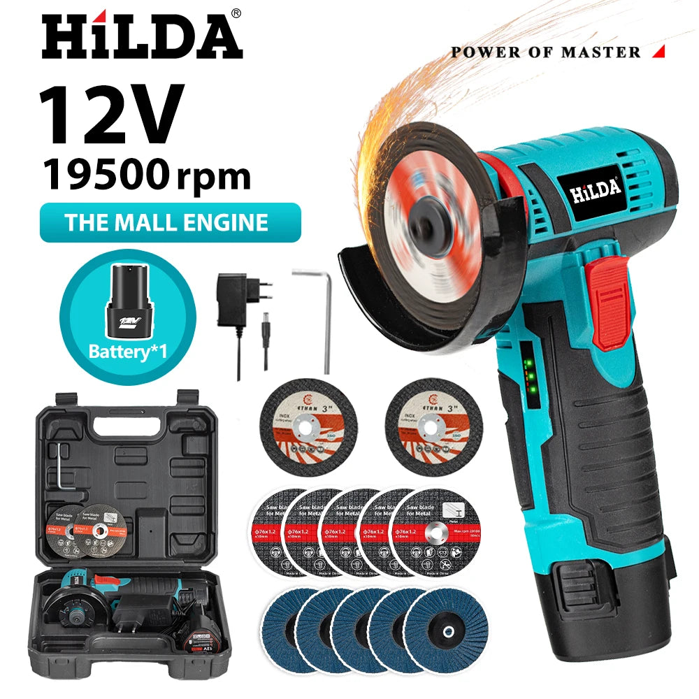 Mini amoladora angular recargable en miniatura HILDA de 12V con baterÃa, amoladora pulidora de hoja de corte para cortar diamante inalámbrico