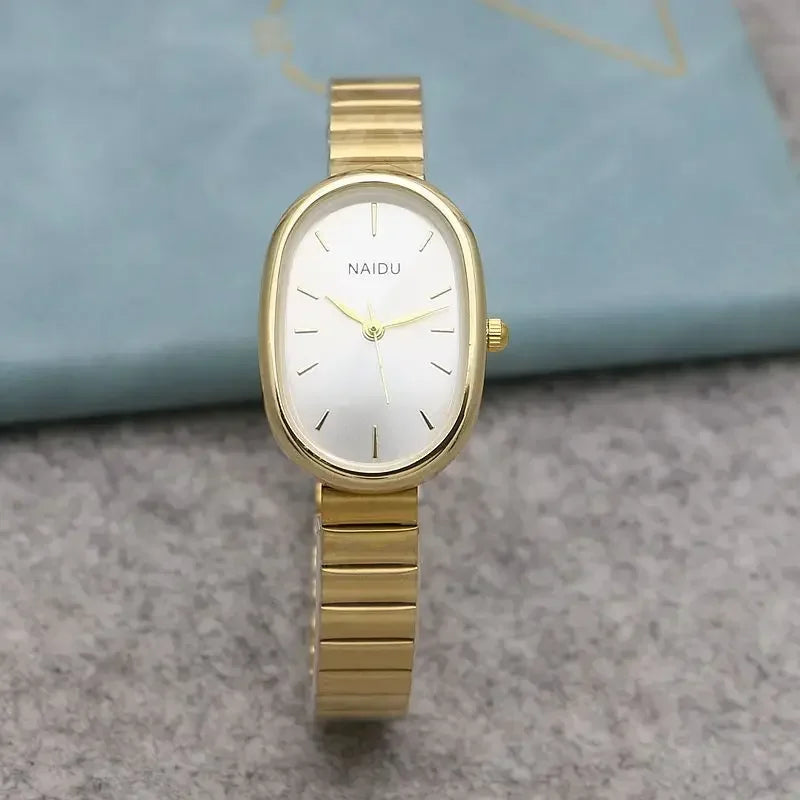 Reloj de cuarzo ovalado con esfera pequeña para mujer, correa de bambú de acero inoxidable, reloj de pulsera de regalo de lujo a la moda para estudiantes y niñas, envío directo