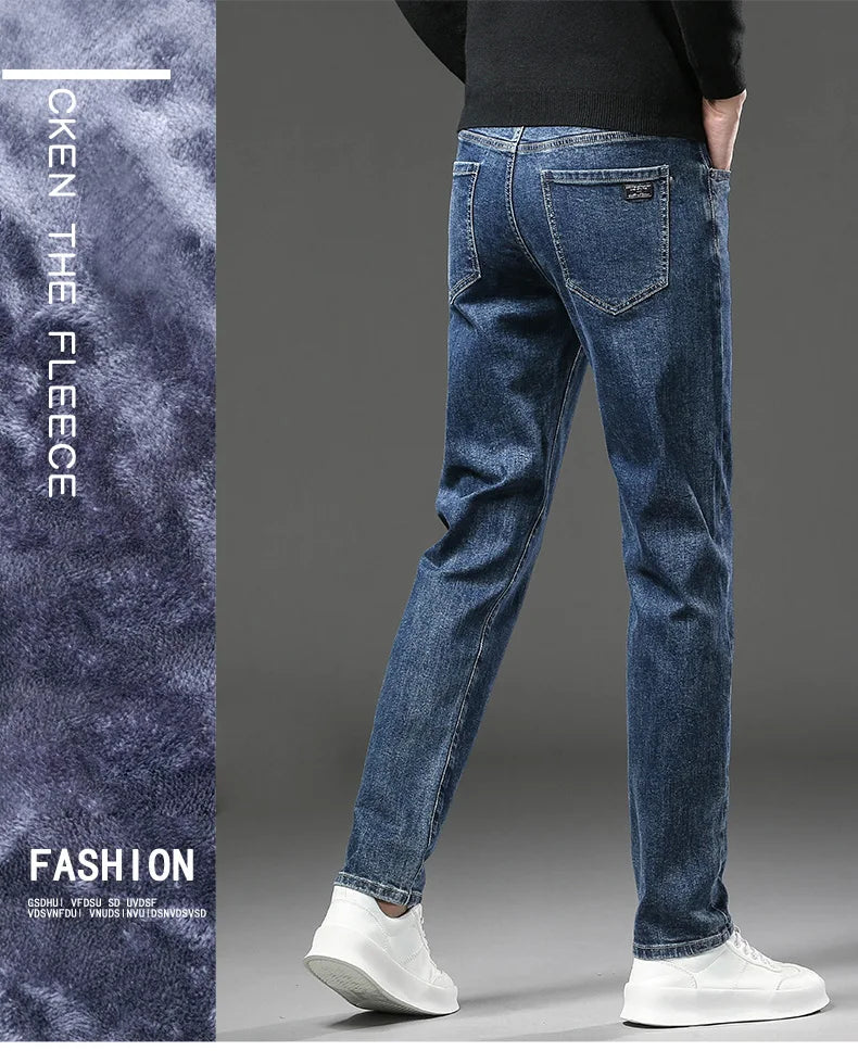 Pantalones vaqueros gruesos y cálidos de lana de invierno para hombre, pantalones vaqueros elásticos rectos ajustados, ropa informal para hombre, pantalones de felpa a la moda