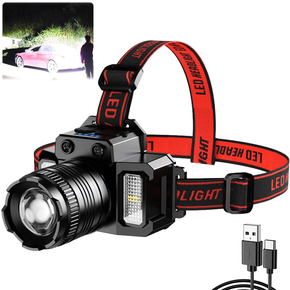 Nuevo Linterna frontal recargable por USB, linterna superbrillante, luz LED de inducción, resistente al agua, para acampar, móvil, intermitente