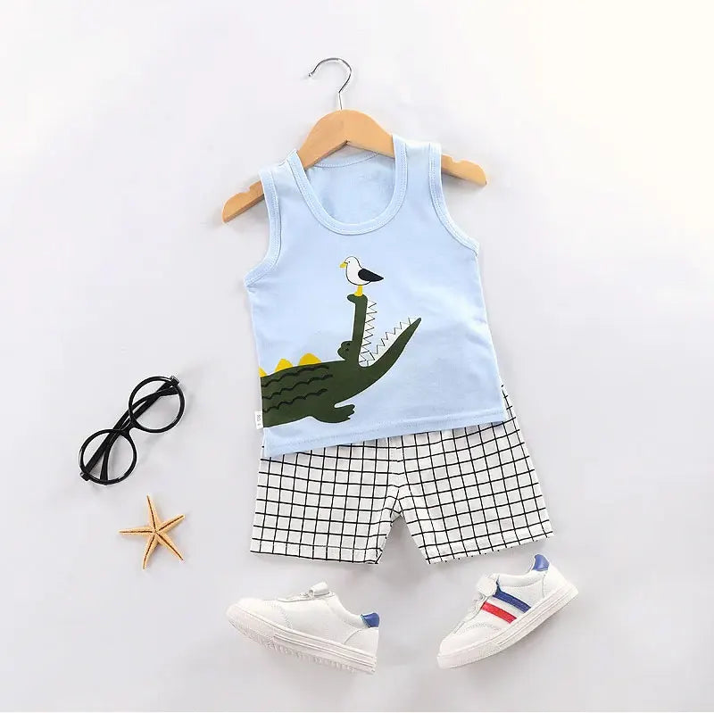 Ropa para niños, Tops sin mangas estampados, pantalones cortos, lindo, transpirable, chaleco de verano para niños, conjunto de pantalones cortos, camiseta sin mangas para ropa de bebé para niños