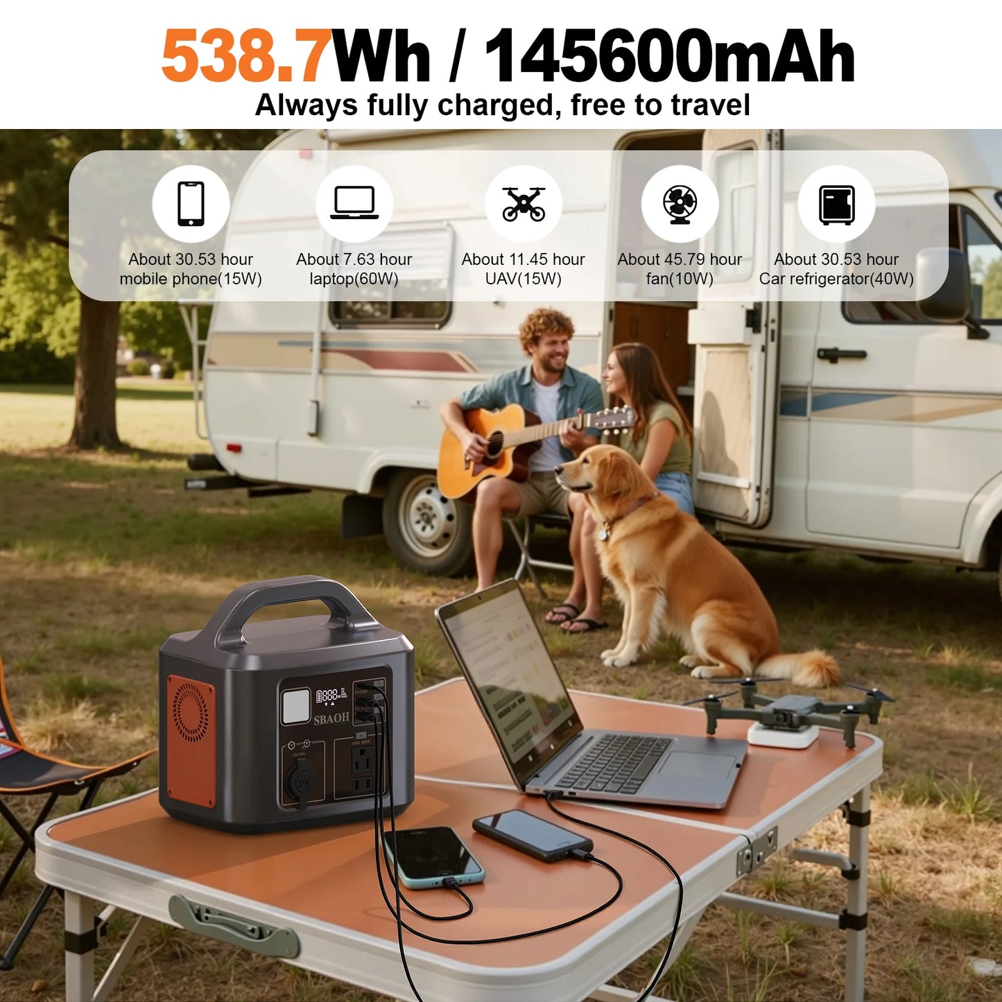 Estación de energía portátil para exteriores, 538,7Wh, 600W, con entrada de carga Solar, 100W PD USB-C, QC3.0, toma de corriente CA, Camping al aire libre
